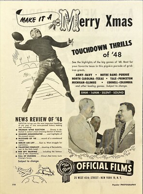 Official Films ''Make it a Merry X-Mas'' Touchdown Thrills of '48 Print Ad 1949