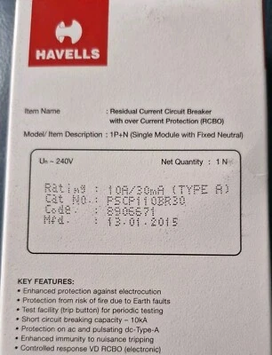 HAVELLS 10A 30mA RCBO TYPE B PSCP110BR30