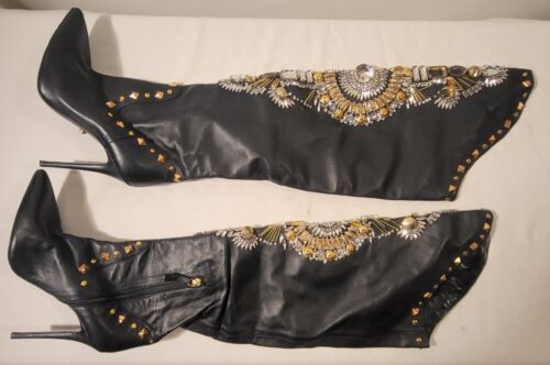 Vtg Fausto Puglisi Leather Knee-high Jeweled Boot… - image 1