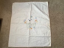 Antique Baby Crib Blanket Hand Embroidered 25.5x30  Bear  Flowers Early 1900s