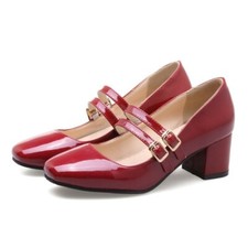 Women Square Toe Patent Leather Non-Slip Mary Jane Shoes Block Heel Buckle Shoes