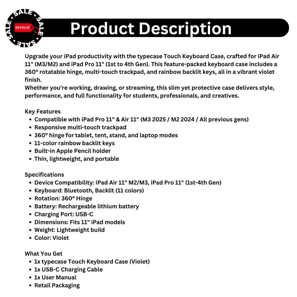 iPad Pro/Air 11" Keyboard Case w/ Trackpad, Backlit, 360° Rotating Cover Violet - Image 2 of 4