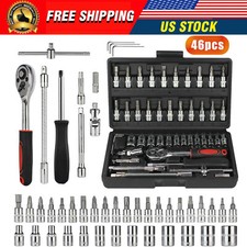 46PCS Socket Ratchet Wrench Set Metric Sae Spanner Car Repair Tool Kit 1/4"Drive