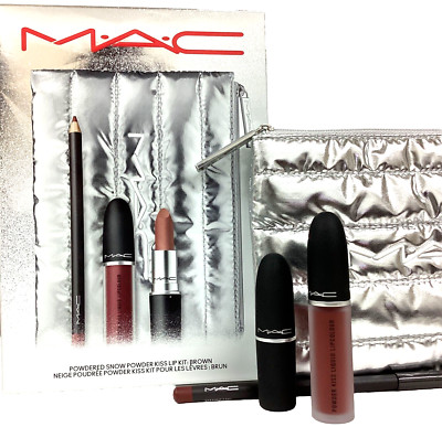 MAC Powdered Snow Powder Kiss Lip Kit 4 PC Set Brown NIB