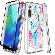 For Motorola Moto G Power 2020 Case Luxury Marble Phone Cover w/ Tempered Glass