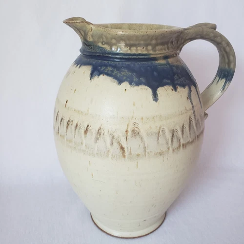 Tall Wheel Thrown Pottery Jug Pitcher Vase Drip Glaze Signed 4.5 Qt 10.75"H