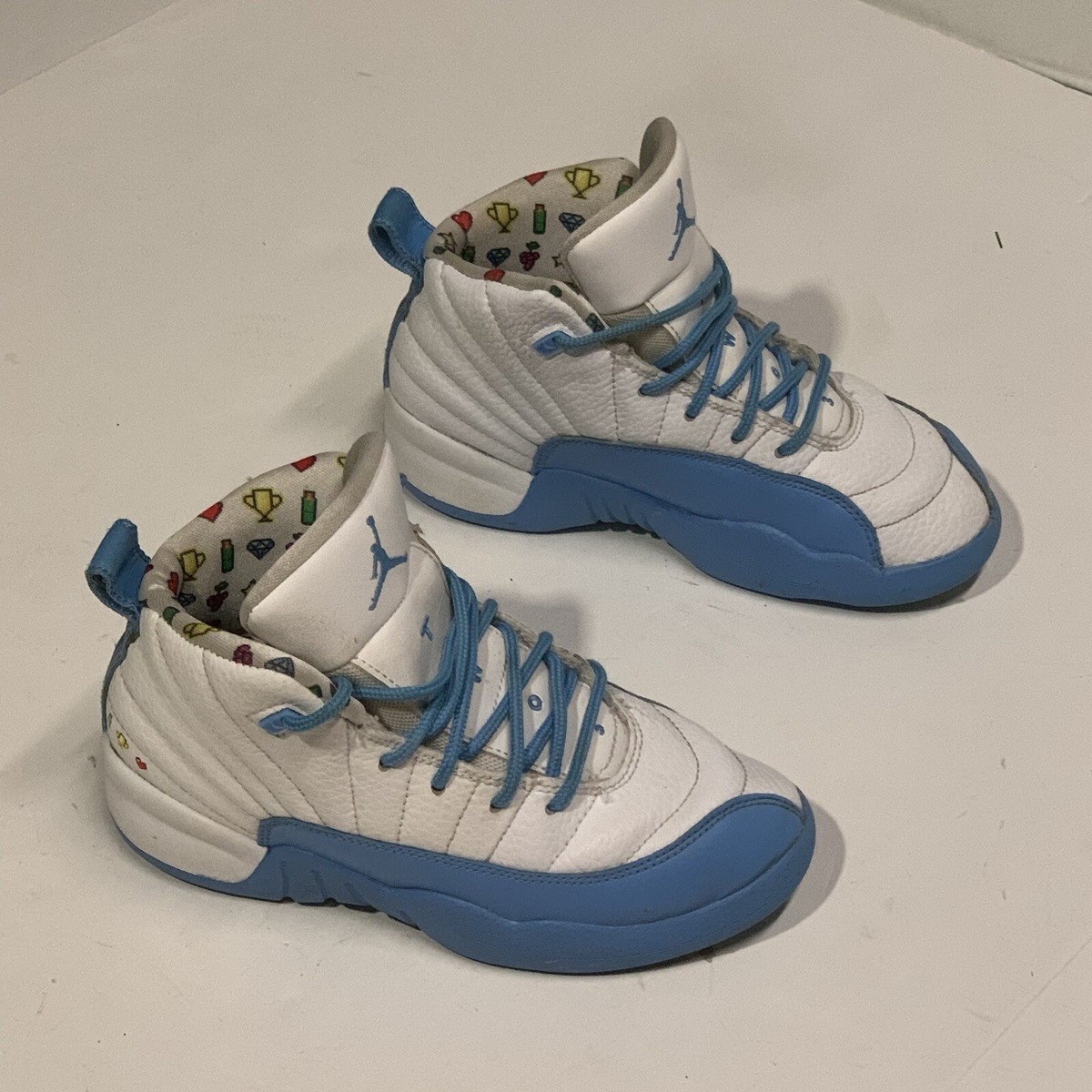 Jordan 12 Emoji Size 1Y University White Blue Sneakers