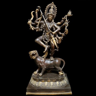 Large Kali Durga Goddess Bronze Statue 21 inch Mahakali on Tiger Hindu God Idol