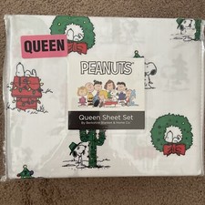 4pc Berkshire Peanuts QUEEN Christmas Sheet Set Snoopy Woodstock Cactus Wreath
