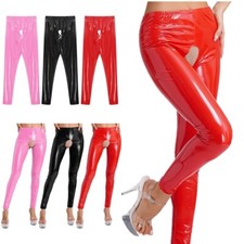 Women's Wetlook Leather Cutout Open Crotch High-Waisted Tights Pants Clubwear