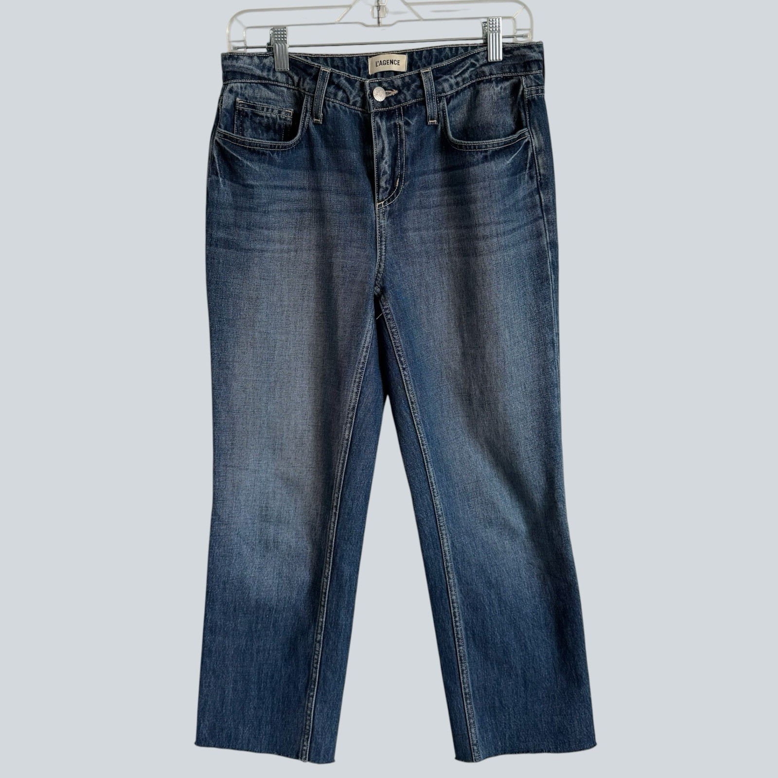 L'AGENCE Low Rise Brentwood Jeans Women Blue Straight Leg Raw Hem Size 26
