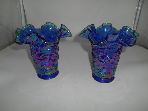 Great Pair of Fenton 95th Anniversary Blue Iridescent Wild Rose 6" Ruffled Vases - Picture 2 of 12
