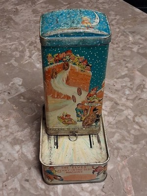 Vintage Huntley & Palmers Elves Penny-in-the-Slot Biscuit Tin Money Box RARE