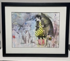 21”x 17” RAIN DOG by LORA ZOMBIE - PUPPY UMBRELLA PASTELS EYES ON WALLS