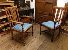 Pair Antique  Arts & Crafts Solid Oak Slatback Open Armchairs DELIVERY POSSIBLE