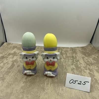 Lot Of 2-Giftco Porcelain Bunnies Easter Egg Holder 6  Hand-Painted W/Eggs