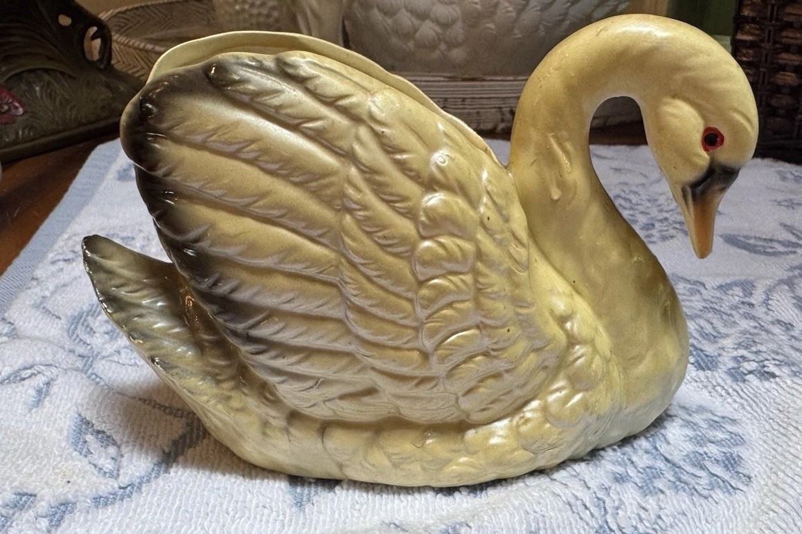 Vintage Holland Mold Ceramic Swan Planter Yellow Glossy Mid Century Decor 9