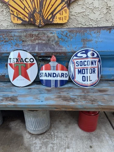 Vintage Design Standard Gasoline Texaco Sunoco Porcelain 15” Curved Sign Set