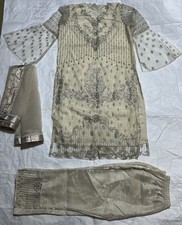 Salwar Kameez Set Embroidered White  Gold 3-Piece Outfit w/ Dupatta