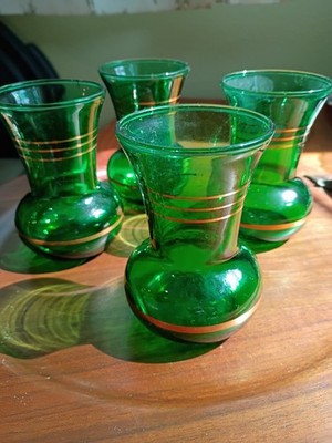 VTG Grandma Core Forest Green Glass W/Gold Rings Flared Mini Bud Vase Set Of 4