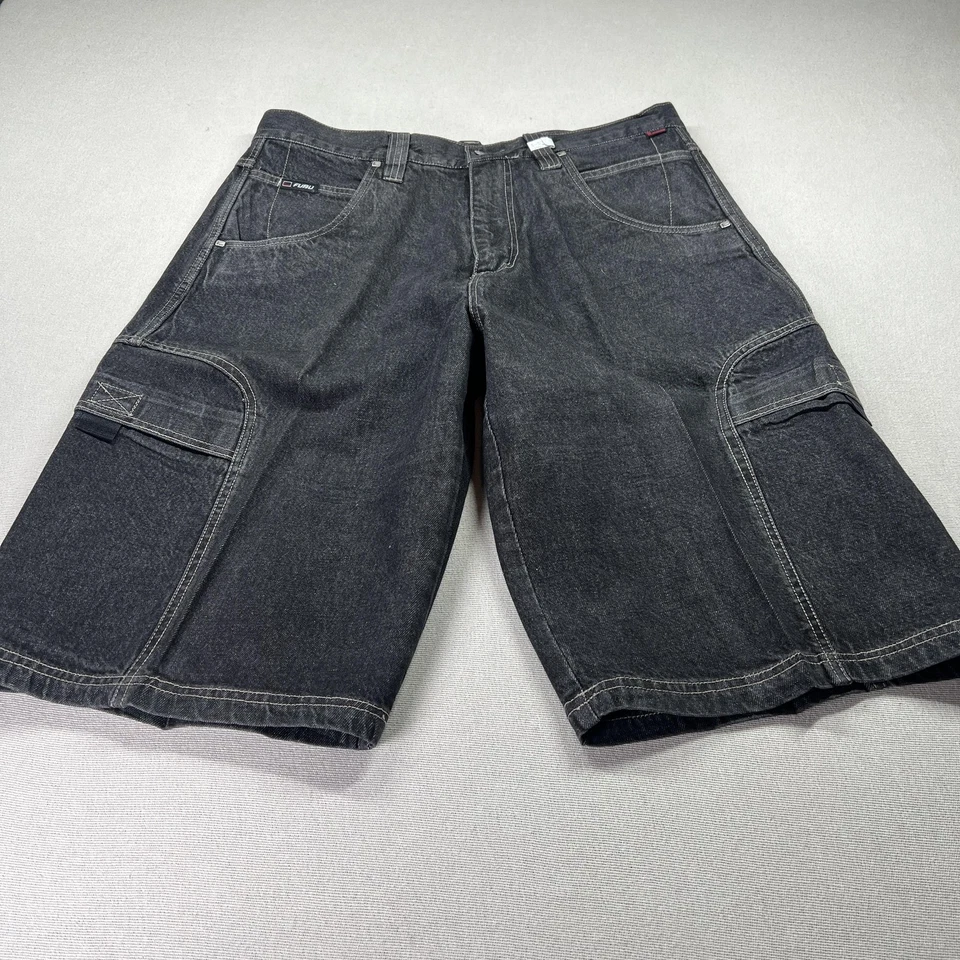 FUBU Shorts Mens 36 Black Denim Carpenter Workwear Long Pockets Baggy Jean Style - Image 2 of 4