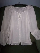 NEW AB Studio Sheer White Long Sleeve Button Down Blouse Size XL Pretty Trimming
