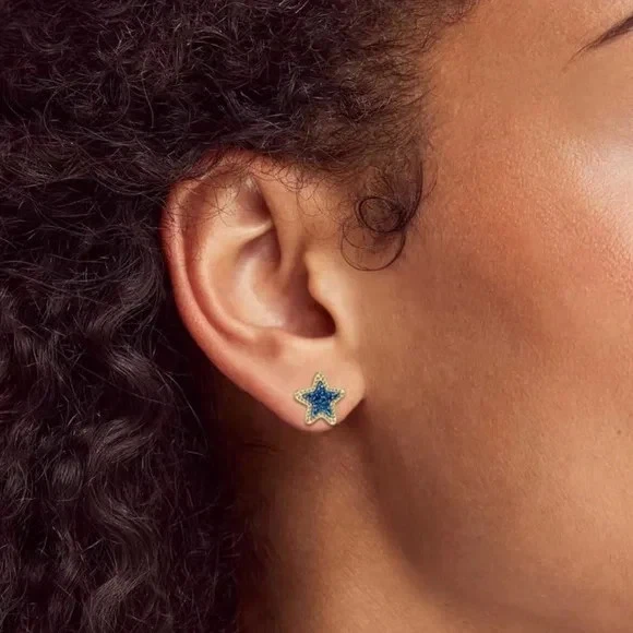 NWOT Kendra Scott Jae Star Blue Drusy Stud Earrings Gold Tone - Image 2 of 4