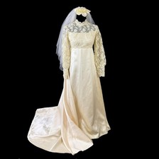 Wedding Dress Veil Detachable Train Ivory Satin Lace Pearls Vintage 1970