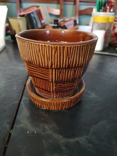 Vintage McCoy Brown Glaze Basket Weave Flower Pot or Planter - Built-In Saucer