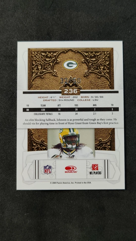 2009 Donruss Classics Timeless Tributes Quinn Johnson Gold #32/50 #236 Packers  - Image 3 of 3