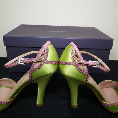 PRADA Green Satin Pink Python Leather Accent Ankle Strap 3.5