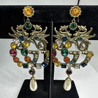 Vintage Gucci Multicolor Crystal GG Logo Earrings Faux Pearl Dangle Gold Tone — photo 1