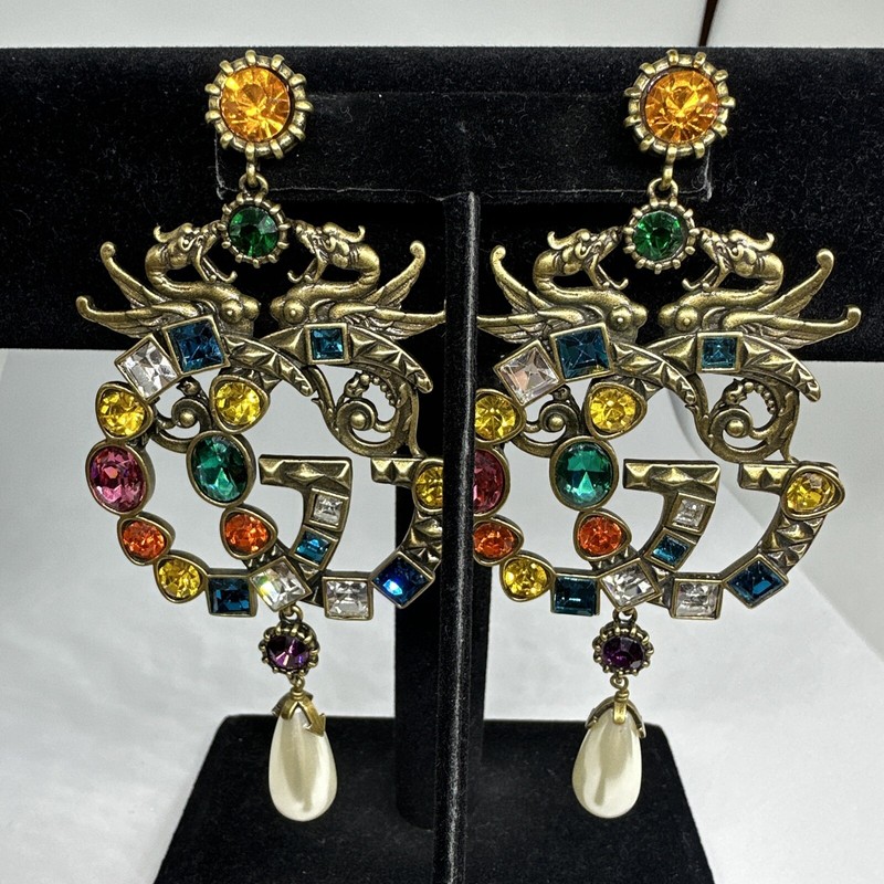 Vintage Gucci Multicolor Crystal GG Logo Earrings Faux Pearl Dangle Gold Tone