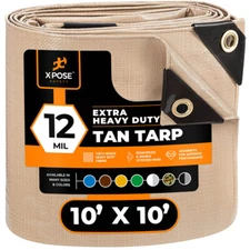 Heavy Duty Tan Poly Tarp 10' X 10' Extra Thick 12 Mil Polyethylene