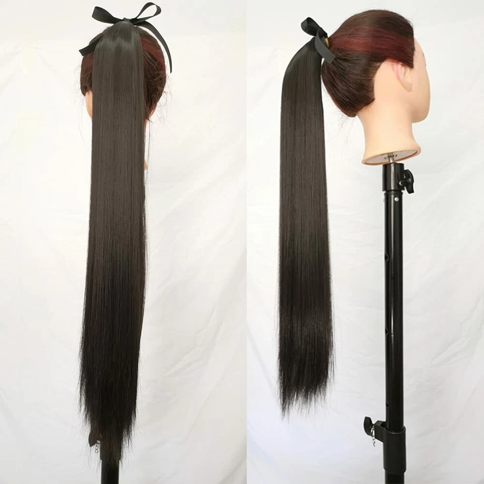 Clip de cola de caballo con cordón recto largo negro 24 pulgadas pelo sintético Foto 3 de 4