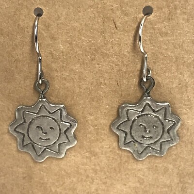 Silver Tone Smiling Sun Metal Sunshine Rays Dangle Hook Earrings Sunny Morning