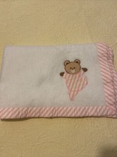 Vintage Cuddle Time Baby Blanket Teddy Bear White Pink Striped Trim 45x35