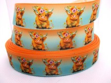 Highland Cows on 1" Grosgrain Ribbon YOUR CHOICE: 5 or 10 Yards
