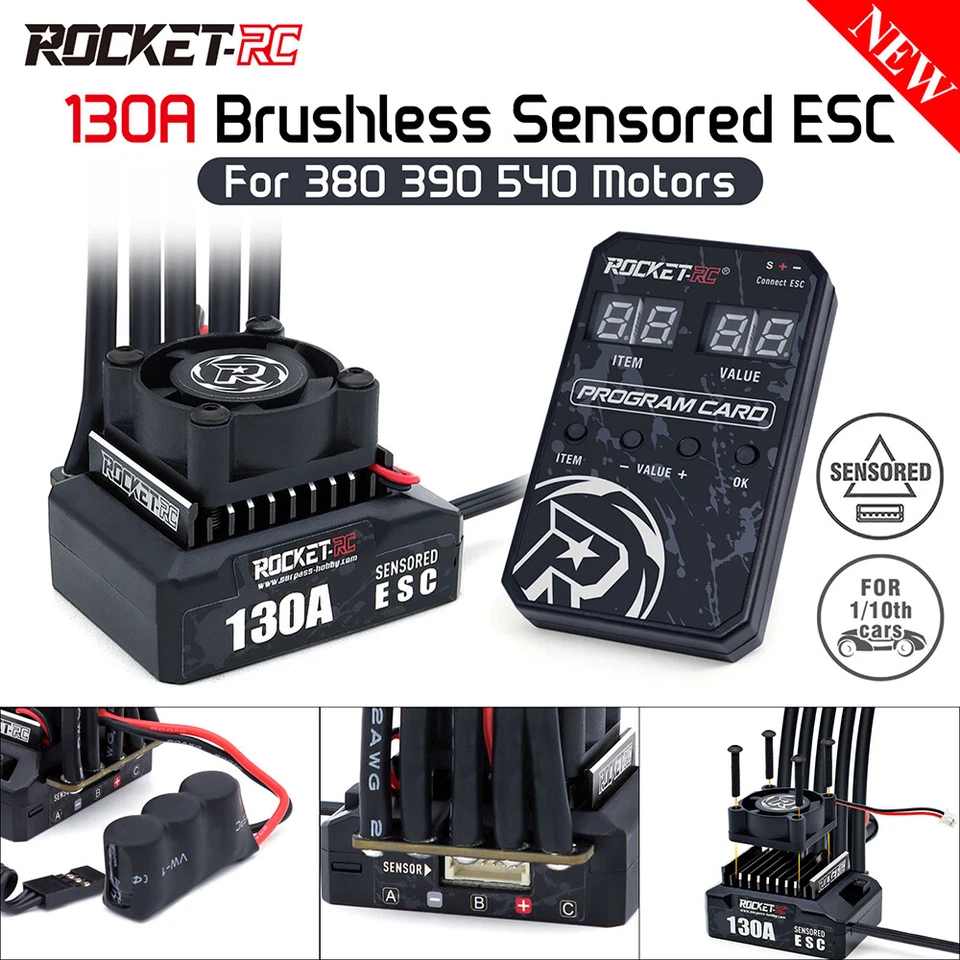 ROCKET-RC Brushless ESC 130A Sensore Velocità Regolatore Scheda Programma per 1/10 Auto - Immagine 4 di 4