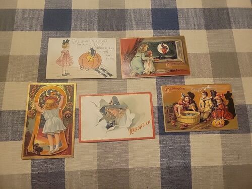 1909 lot de 5 cartes postales d'Halloween en relief citrouille sorcière citrouille Saxe et Allemagne - Photo 1/17