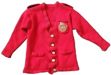 vintage 80s red wool cardigan gold buttons Kids size 5-8 see measurements
