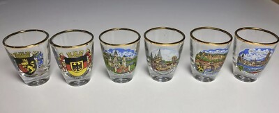 Vintage German Souvenir Gold Rimmed Shot Glasses 6 Pk Ramstein Deutschland Neusc