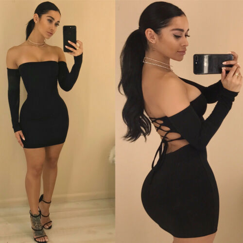 Sexy Women's Off Shoulder Backless Lace Up Long Sleeve Club Bodycon Mini Dress - Picture 1 of 20