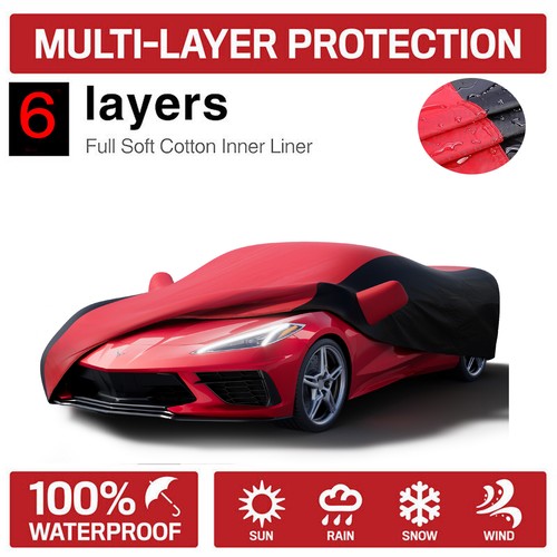 Waterproof Car Cover Fits Corvette C8 Outdoor UV Snow Hail Protection Red &Black - Picture 2 of 8
