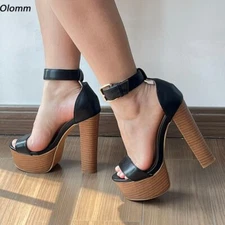 Women Platform Sandals Block High Heels Open Toe Elegant Black Shoes Size 5-20