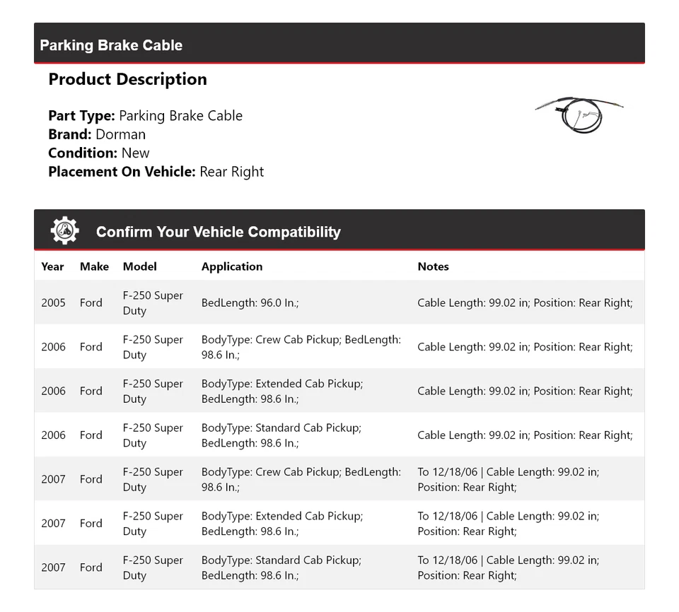 Cable de freno de estacionamiento trasero derecho para Ford F-250 Super Duty Dorman 2005-2007 2006 Foto 2 de 4