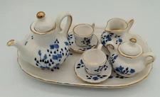 Vintage 10 Piece Miniature Tea Set For Two Blue/White Design Gold Rims Not a Toy