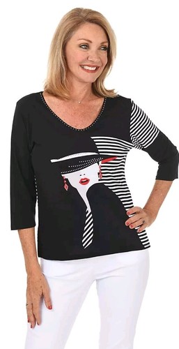 Neu Valentina Sophie V-Ausschnitt Print Top in Schwarz Weiß Rot Rynstones Grafik Gr. 1X - Bild 2 von 6