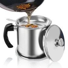 1.3L Stainless Steel Bacon Grease Container with Mesh Strainer Screen and Lid