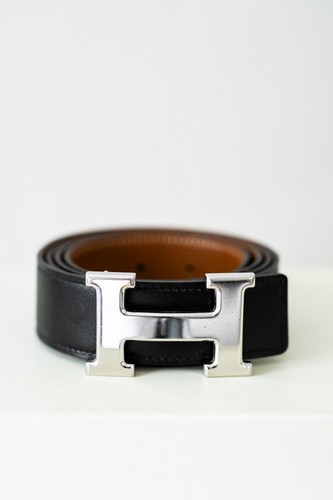 Hermes Constance Silver H Buckle & Leather Black/Brown Reversible Belt Sz Small